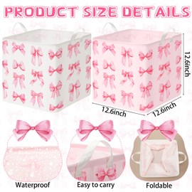 Geelin 2 Pcs Pink Bow Laundry Basket Rectangle Coquette Storage Basket Pink Canvas Nursery Hamper Foldable Waterproof Storage Bin Organizer with Handle for Bedroom Bathroom Dorm Clothes, 12.6inch