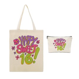 Sweet 16 Gifts for Girls Tote Bag 16th Birthday Gifts Makeup Bag Gift Set Flax Cosmetic Bag Graduation Gift Happy 16th Birthday Gift Travel Makeup Bag