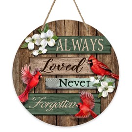Bolisom Memorial Cardinal Front Door Sign, Always Loved Never Forgotten Red Birds Wood Door Hanger Outdoor Outside Porch Decor, Dogwood Farmhouse Wooden Wreath Indoor Wall Hanging Decoration
