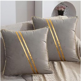 BAOKU 18 x 18 Inch Set of 2 Gray Gold Leather Striped Lines Velvet Cushion Case Luxury Modern Throw Pillow Cover Decorative Pillow Trimmed Velvet for Couch Living Room Bedroom Car