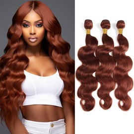 Auburn Body Wave Bundles Human Hair Reddish Brown Bundles Color 33 Human Hair Bundles Double Weft Remy Hair Extensions Wet and Wavy Bundles Silky and Soft for Black Women (16 16 16 Inch 3 Bundles)