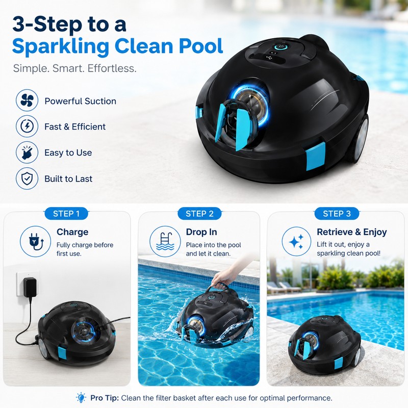 Cordless Robotic Pool Cleaner for Home Pools – 90-Minute Self-Parking