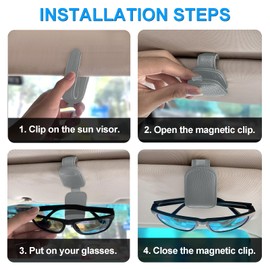 LTOHOE 2 Pack Sunglass Holder for Car, Magnetic Leather Sunglasses Holder and Ticket Card Clip, Universal for Different Size Glasses, Car Visor Accessories(Grey)
