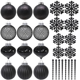 Sleetly 12 x Black Shatterproof 8.0cm Baubles Christmas Tree Ornaments 3 Styles with Ribbon Hanger