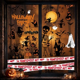 Halloween Window Stickers with Caution Tape 141PCS Halloween Decorations