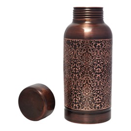Pure Copper Water Bottle Beautiful Floral Pattern For Ayurveda Health Benefits - 600 Ml (20.28 US Fl Oz)