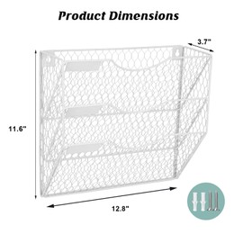 EASEPRES Mail Organizer Wall Mount Hanging File Holder Storage, Metal Chicken Wire Magazine Rack 3 Tier, White