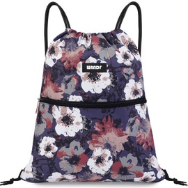 Drawstring Backpack String Bag Sackpack Cinch Water Resistant Nylon for Gym Shopping Sport Yoga by WANDF (Navy Blue Flower)
