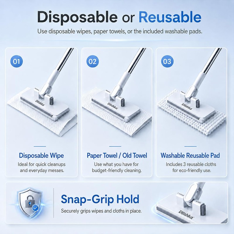 Snap Grip Mini Mop with Zero Touch Press System,7in Microfibre