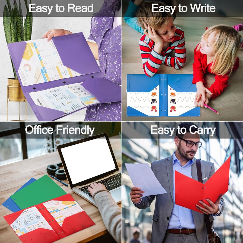 6 Pack Plastic File Folders with Pockets 3 Hole Punched