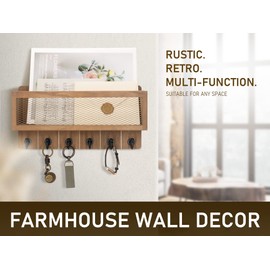 Rebee Vision Farmhouse Key Holder for Wall with Mail Storage Basket : Decorative Wall Mount Organizer with 6 Sturdy Wall Hooks and Wooden Key Rack - Rustic Home Decor (Retro Brown)