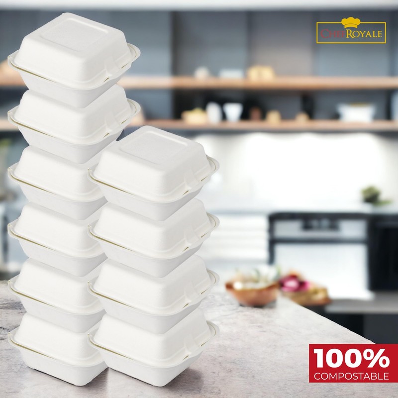 CHEF ROYALE 6" Inches Bagasse Burger Box. Disposable White Bagasse