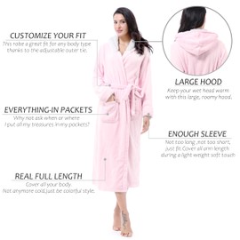 Women's Plush Fleece Long Robe with Hood, Warm Comfy Fluffy Bathrobe,Pink