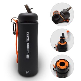 Pluvia® Blackbottle 650 Outdoor Water Bottle Foldable BPA Free with Carabiner and Filter Insert - Optional Use in Combination with Outdoor Water Filter - Camping Sports Survival