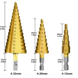Tworider 3pcs Metric Step Drill Bit, Hss Step Drill Bit Set High Speed Steel Step Bits Set (Metric 4-12mm, 4-20mm and 4-32 Mm) Cone Metal Drill Bits for Plastic, Wood, Stainless Steel Sheet Metal