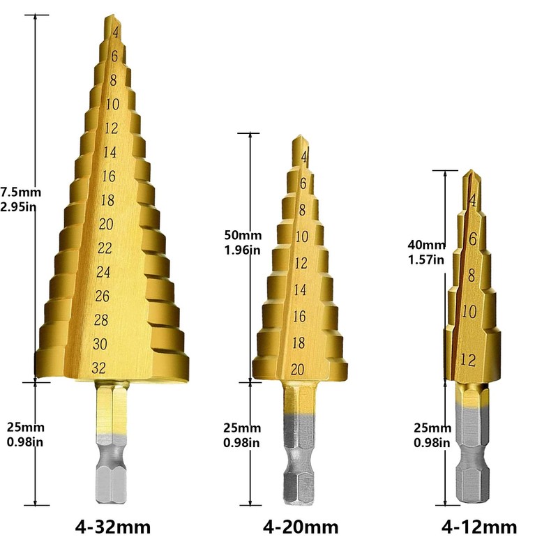 Tworider 3pcs Metric Step Drill Bit, Hss Step Drill Bit