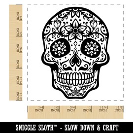 Dia De Los Muertos Mexican Sugar Skull with Flowers Day of The Dead Self-Inking Rubber Stamp Ink Stamper - 1-1/2 Inch Large - Black Ink