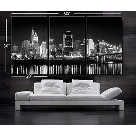 Original by BoxColors Large 30"x 60" 3 Panels 30"x20" Ea Art Canvas Print Cincinnati Skyline Night Light Downtown Black & White Wall Home Decor Interior (Framed 1.5" Depth)