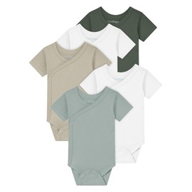 Kindsgard Wrap Bodysuit Short Sleeve "Trunder" - Pack of 5 - 100% Organic Cotton - Oeko-Tex Certified - Soft, Breathable & Skin-Friendly - Baby Bodysuit with Press Studs, 5_green