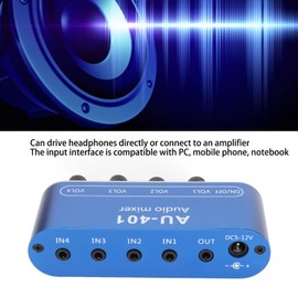 Mini Audio Mixer, Stereo Line Headphone Mixer 4 Channel, DC 5V to 12V Stereo Mixer 4 in 1 Out for PC Laptop Headphone, 3.5mm Sound Selector Amplifier with Bass, Treble Controls