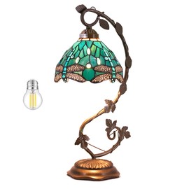 WERFACTORY Tiffany Lamp Green Stained Glass Dragonfly Table Lamp Metal Leaf Desk Reading Light 8X10X21 Inches Decor Small Space Bedroom Home Office S622 Series