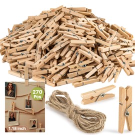 RAINFLOW Mini Wooden Clothespins - 270 PCS Craft Clothespins with Jute Twine Mini Clothespins for Photos Wooden Clothespins Clothes Pins for Crafts DIY Project Hanging Pictures
