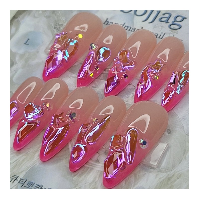 Hot pink glass bead handmade nail tip - Stiletto L