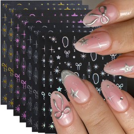 8 Sheets Star Bow Nail Stickers for Nail Art Christmas Nail Art Stickers 3D Self-Adhesive Gold Silver Laser Purple Stars Bows Nail Design Nail Decals Women Nail Decoration Accessories for DIY Nais