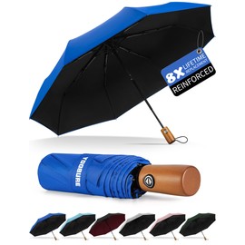 Yoobure Windproof Travel Umbrella with Wood Handle, Automatic Umbrellas for Rain & UV Sun Protection, Compact 46" Large Canopy, Lightweight Backpack Portable for Walking & Outdoor