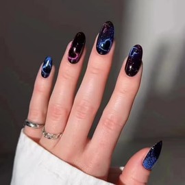 LIyun&Hang Press on Nails 24Pcs Glossy Full Cover Artificial Fake Nails，Oval Black Focusmoon Heart Cat Eye Flashing Design, Reusable Stick On Nails in Fak (type-12)