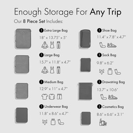 (Not Made In China) Packing Cubes for Suitcases and Carry On, Luggage Organizer Bags for Clothes & Travel Essentials (8pc, Pewter)