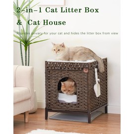 SETVSON Cat Litter Box Enclosure Hidden Litter Box Furniture with Metal Heightened Feet, Rattan Handwoven Cat House with Litter Mat, Hidden Litter Box Furniture for Bedroom Living Room Brown