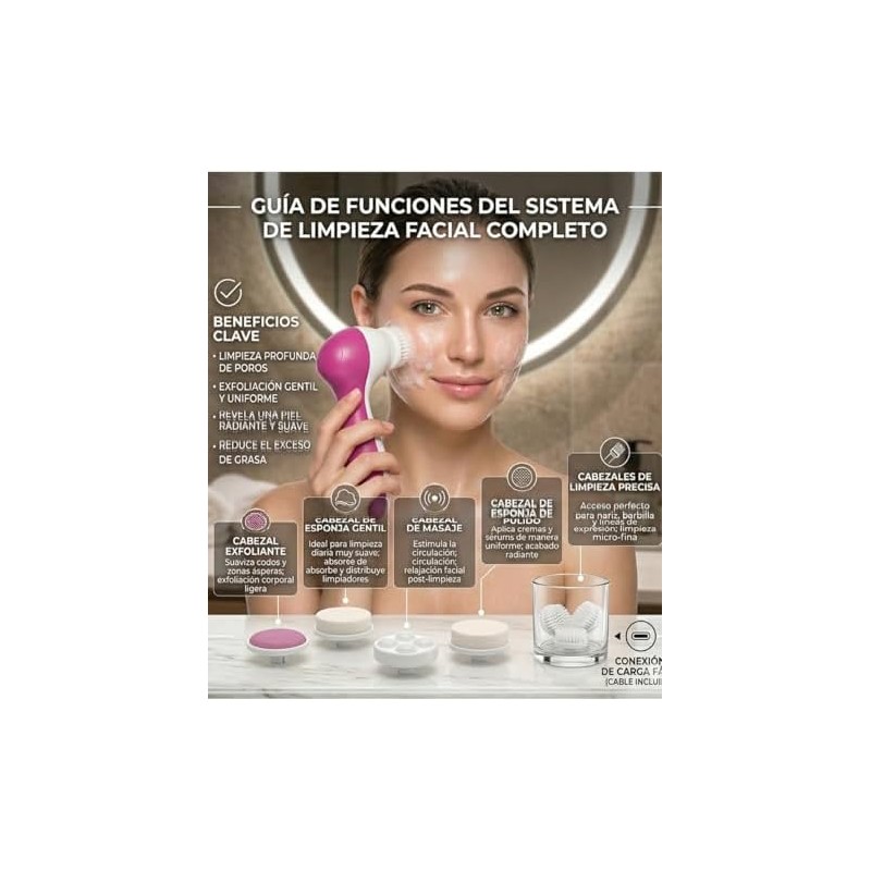 Cepillo Limpiador Facial 5 en 1 Eléctrico Rosa MS FASHION