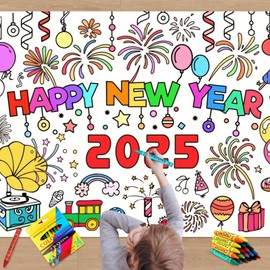 Paper Tablecloth for Colouring, New Year's Eve Decoration 2025, Happy New Year Colouring Tablecloth Paper with 24 Colouring Pencils, New Year Colouring Tablecloth, Children New Year's Eve Tablecloth,
