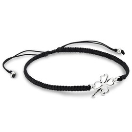 AeraVida Lucky Four-Leaf Clover .925 Sterling Silver Charm on Black Adjustable Bracelet | Cute Sterling Silver Bangle Bracelet | Trendy Bangle Bracelets for Women | Sterling Silver Bracelets | Jewelry