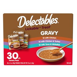 Delectables Lickable Treat Gravy Variety Wet Cat Treat & Food Topper, Food Topper, Hydrating, Grain-Free, No Fillers, No by-Products, No Added Preservatives, 1.4oz Pouch, 30 Pack