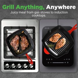 NutriChef 11" Enameled Cast Iron Steak Grill Pan - Square Skillet with Drip Spout, For All Cooktops, Perfect Grill Marks - NCCIES47