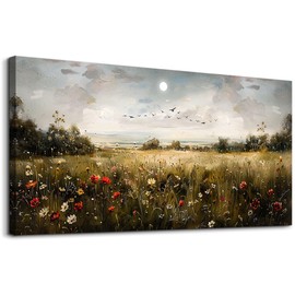 Wapluam Large Canvas Wall Art Living Room Wall Decor for Bedroom Wildflower Field Vintage Wall Art Canvas Prints Paintings Farmhouse Artworks Pictures Modern Aesthetic Home Decoration Ready To Hang