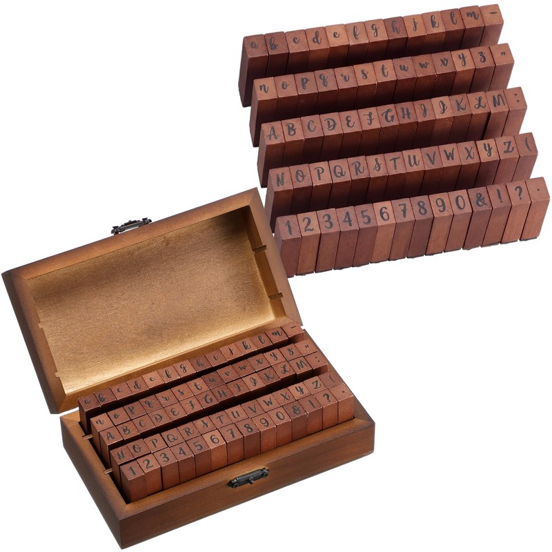 70 Pcs Alphabet Wooden Rubber Stamps with Box Letter Number