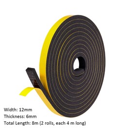 fowong Draft Excluder for Doors Weather Stripping 12mm(W) x 6mm(T) Gasket Seal Foam Tape，Anti-Collision Draught Excluder for Door Window Shockproof Furniture Protector, with 2 Pcs，Total 8M Long