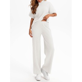 Tankaneo Womens Sweater Sets 2 Piece Outfits Knit Mock Neck Tops and Elastic Waist Pants Sets Casual Loungewear Set White