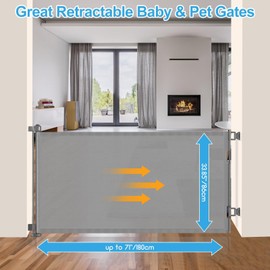71 inch Retractable Baby Gates, EZIGO Extra Wide Baby Gate for Large Opening Extra Long Mesh Gate for Kids or Pet Dog Gate Child Safety Gate for Stairs Hallways Doorway Indoor Outdoor, Gray