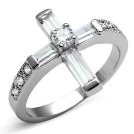 YourJewelleryBox Cross Pave BAGUETTES Simulated Diamond Stainless Steel Ring Elegant TK2871 J