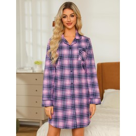 ENJOYNIGHT Women's Flannel Nightdress Long Sleeve Nightshirt Button Down Nightgown Soft Sleepwear Loungewear S-XXL (X-Large,Purple Lattice)