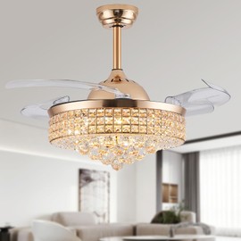 TRSIOPFC 42 Inch Dimmable Crystal Fandelier Ceiling Fans with Light,Chandelier Fan with Remote Control for Bedroom/Living Room,Polished Gold
