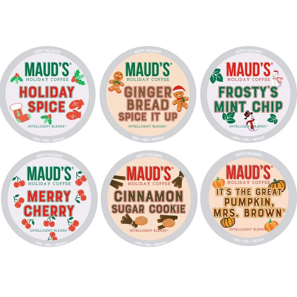 Maud's Holiday Flavored Coffee Variety Pack (Fall Coffee Variety Pack), 42ct. Solar Energy Produced Recyclable Winter Flavored Variety Coffee Pods - 100% Arabica Coffee California Roasted, KCup Compatible