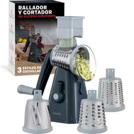 Cookify Rallador Giratorio con 3 cuchillas de Acero Inoxidable, Cortador, Rebanador y Picador de Verduras (Gris Oscuro)