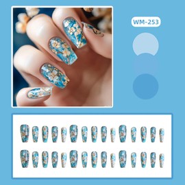 Flower Press on Nails Medium Ballet Shaped Blue Smudge Artificial Stick on Nail Floral Pattern Design Full Cover False Nail Glossy Artificial Press Ons Fingernails 24Pcs Gel Glue on Nails for Women
