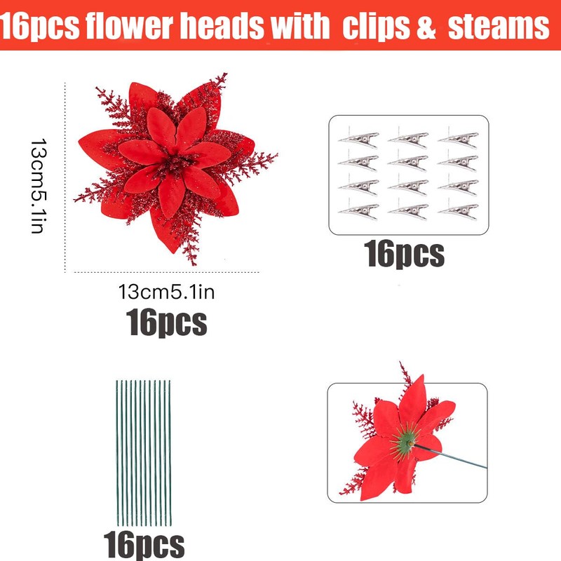 Leixi 16pcs Christmas Poinsettia Artificial Flowers, Red, 5.5" Glitter
