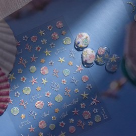 Summer Nail Art Stickers Shell Starfish Nail Decals 5D Embossed Shiny Mermaid Coral Design Summer Sea Theme Nail Art Supplies Self Adhesive Nail Stickers Women Manicure Decoration, 2pcs